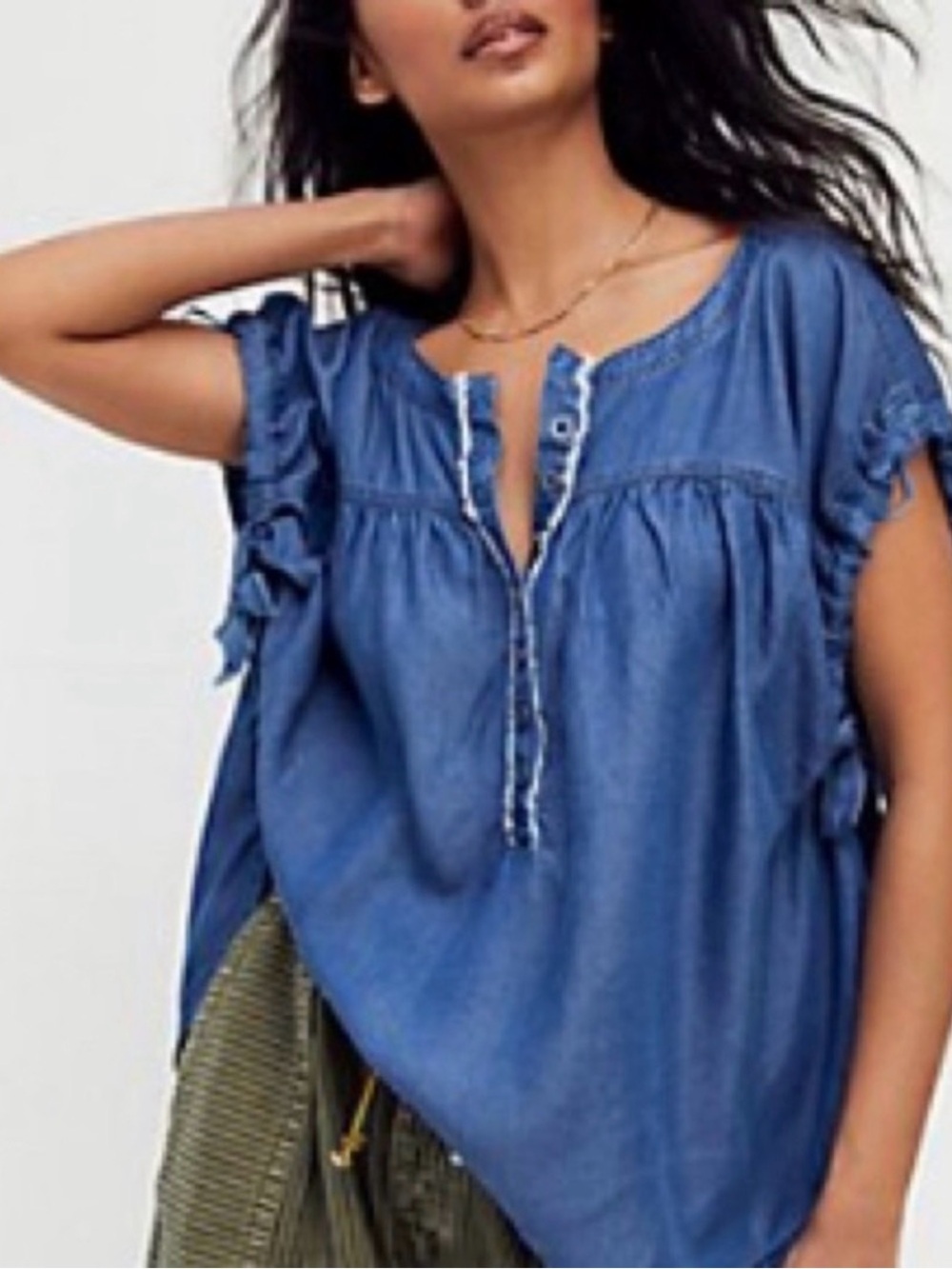 Free People We The Free Summer Love Chambray Top Size S (oversized)